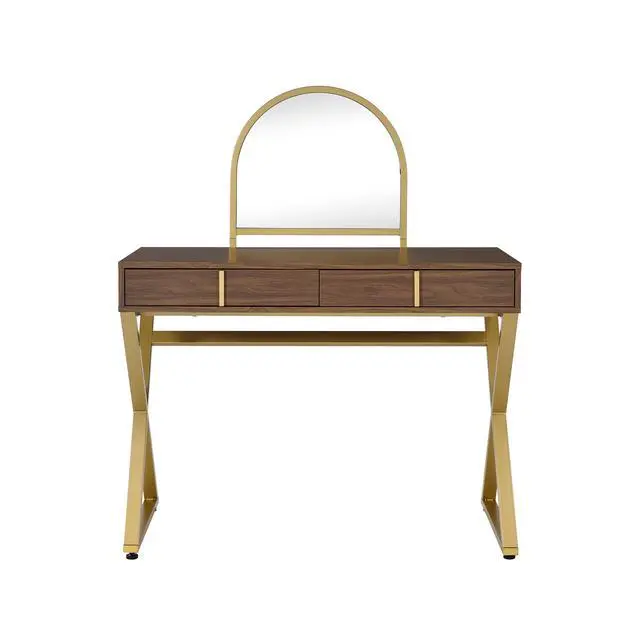 Alt view image 4 of 7 - Coleen Walnut & Gold Finish Vanity Desk W/Mirror & Jewelry Tray