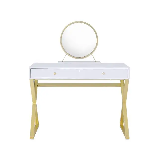 Alt view image 3 of 7 - Coleen White & Gold Finish Vanity Desk W/Mirror & Jewelry Tray