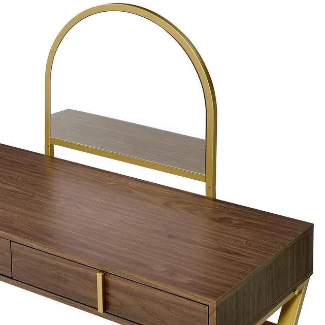 Alt view image 5 of 7 - Coleen Walnut & Gold Finish Vanity Desk W/Mirror & Jewelry Tray