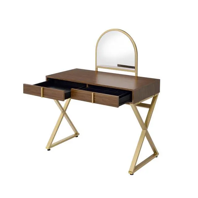 Alt view image 7 of 7 - Coleen Walnut & Gold Finish Vanity Desk W/Mirror & Jewelry Tray