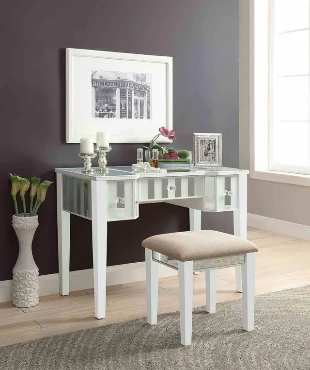 Alt view image 2 of 7 - Transitional Style 1pc Vanity w/ Stool Set Core Design Storage Drawers Central Mirror Padded Stool White Finish Bedroom Furniture