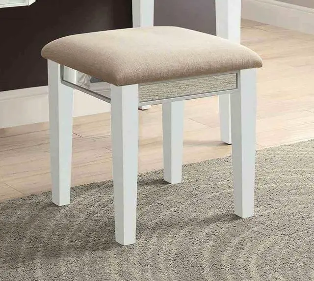 Alt view image 4 of 7 - Transitional Style 1pc Vanity w/ Stool Set Core Design Storage Drawers Central Mirror Padded Stool White Finish Bedroom Furniture