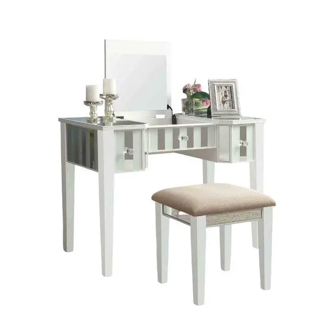 Alt view image 3 of 7 - Transitional Style 1pc Vanity w/ Stool Set Core Design Storage Drawers Central Mirror Padded Stool White Finish Bedroom Furniture