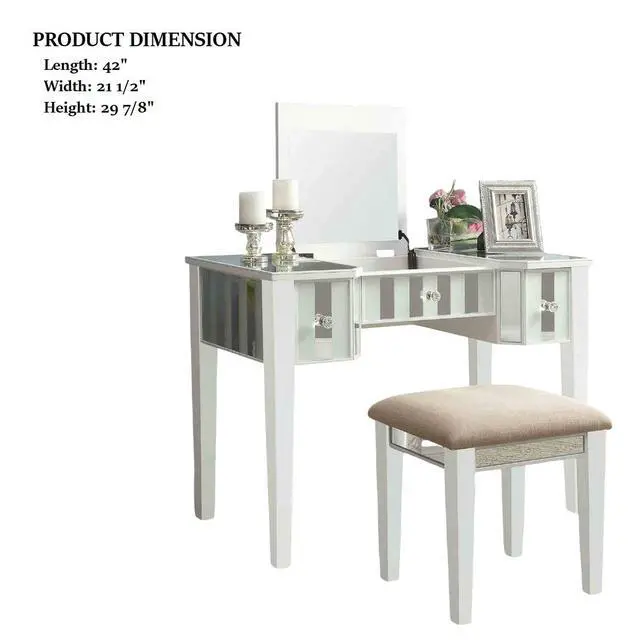 Alt view image 6 of 7 - Transitional Style 1pc Vanity w/ Stool Set Core Design Storage Drawers Central Mirror Padded Stool White Finish Bedroom Furniture