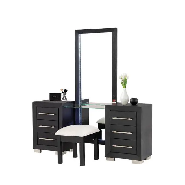 Alt view image 2 of 7 - Contemporary Style 1Pc Vanity W/ Stool Metal Legs Usb Port Ball Bearing Glides Glass Top Full Length Mirror Black Finish Bedroom Furniture