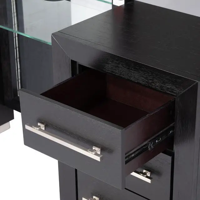 Alt view image 3 of 7 - Contemporary Style 1Pc Vanity W/ Stool Metal Legs Usb Port Ball Bearing Glides Glass Top Full Length Mirror Black Finish Bedroom Furniture