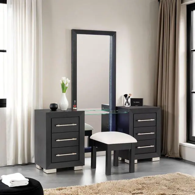 Main image of Contemporary Style 1Pc Vanity W/ Stool Metal Legs Usb Port Ball Bearing Glides Glass Top Full Length Mirror Black Finish Bedroom Furniture
