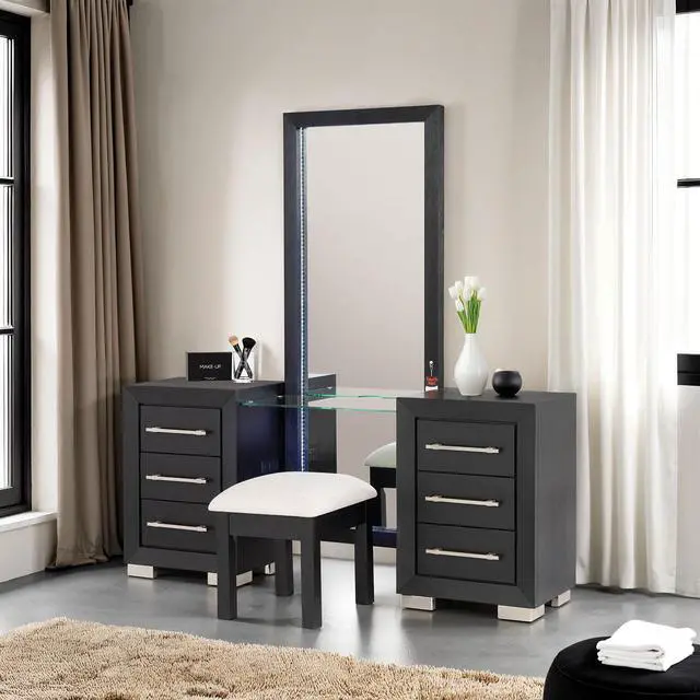 Alt view image 7 of 7 - Contemporary Style 1Pc Vanity W/ Stool Metal Legs Usb Port Ball Bearing Glides Glass Top Full Length Mirror Black Finish Bedroom Furniture