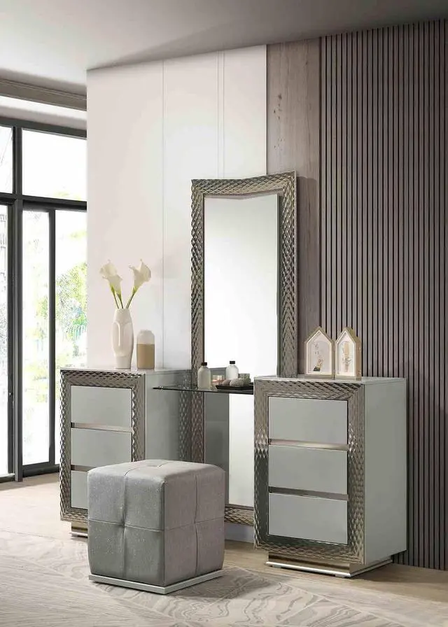 Main image of Glam Style 1pc Vanity Set w/ Stool Plinth Base Silver Molding Glass Top LED On Headboard And Mirror Gray Finish Bedroom Furniture