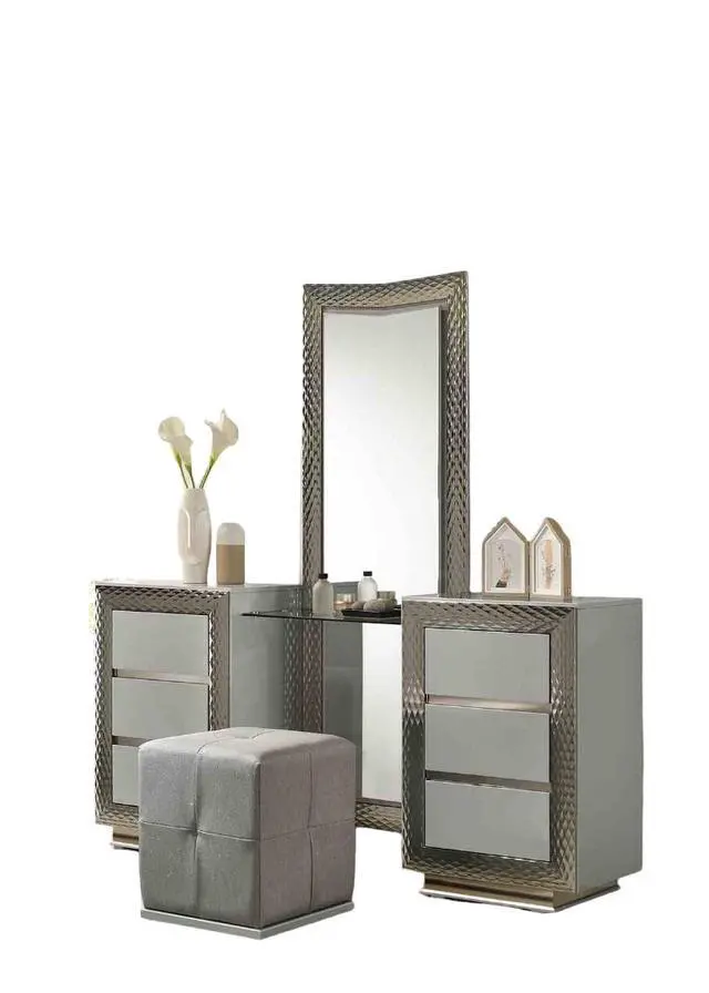 Alt view image 2 of 7 - Glam Style 1pc Vanity Set w/ Stool Plinth Base Silver Molding Glass Top LED On Headboard And Mirror Gray Finish Bedroom Furniture
