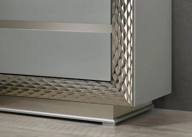 Alt view image 3 of 7 - Glam Style 1pc Vanity Set w/ Stool Plinth Base Silver Molding Glass Top LED On Headboard And Mirror Gray Finish Bedroom Furniture