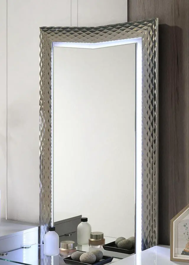 Alt view image 4 of 7 - Glam Style 1pc Vanity Set w/ Stool Plinth Base Silver Molding Glass Top LED On Headboard And Mirror Gray Finish Bedroom Furniture
