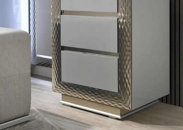Alt view image 5 of 7 - Glam Style 1pc Vanity Set w/ Stool Plinth Base Silver Molding Glass Top LED On Headboard And Mirror Gray Finish Bedroom Furniture