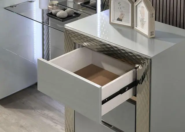 Alt view image 6 of 7 - Glam Style 1pc Vanity Set w/ Stool Plinth Base Silver Molding Glass Top LED On Headboard And Mirror Gray Finish Bedroom Furniture
