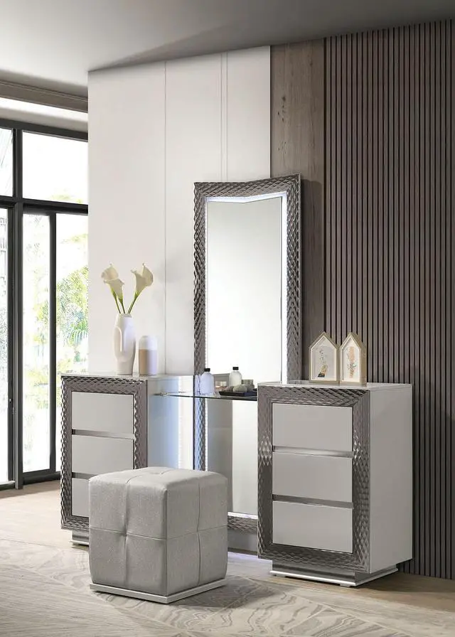 Alt view image 7 of 7 - Glam Style 1pc Vanity Set w/ Stool Plinth Base Silver Molding Glass Top LED On Headboard And Mirror Gray Finish Bedroom Furniture