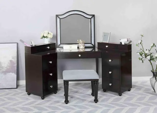 Main image of Glam Style 1pc Vanity w/ Stool Set 8mm Glass Top Storage Drawers LED On Mirror Obsidian Gray Finish Bedroom Furniture