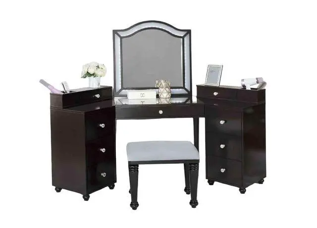 Alt view image 2 of 7 - Glam Style 1pc Vanity w/ Stool Set 8mm Glass Top Storage Drawers LED On Mirror Obsidian Gray Finish Bedroom Furniture