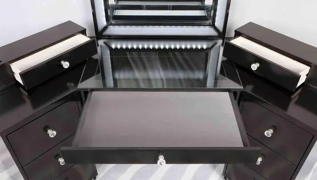Alt view image 3 of 7 - Glam Style 1pc Vanity w/ Stool Set 8mm Glass Top Storage Drawers LED On Mirror Obsidian Gray Finish Bedroom Furniture