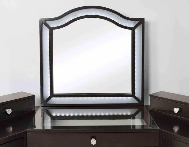 Alt view image 4 of 7 - Glam Style 1pc Vanity w/ Stool Set 8mm Glass Top Storage Drawers LED On Mirror Obsidian Gray Finish Bedroom Furniture