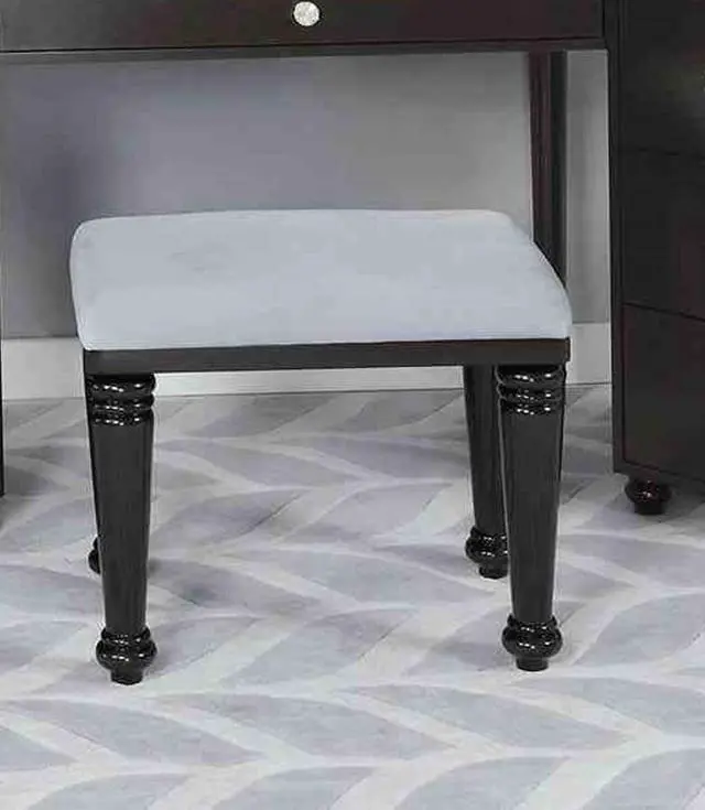 Alt view image 6 of 7 - Glam Style 1pc Vanity w/ Stool Set 8mm Glass Top Storage Drawers LED On Mirror Obsidian Gray Finish Bedroom Furniture