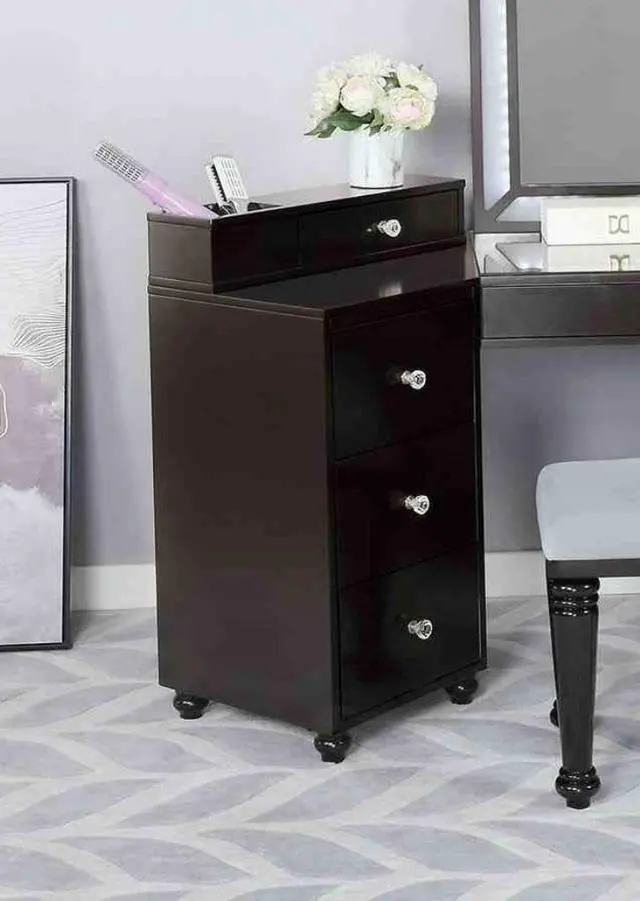 Alt view image 7 of 7 - Glam Style 1pc Vanity w/ Stool Set 8mm Glass Top Storage Drawers LED On Mirror Obsidian Gray Finish Bedroom Furniture