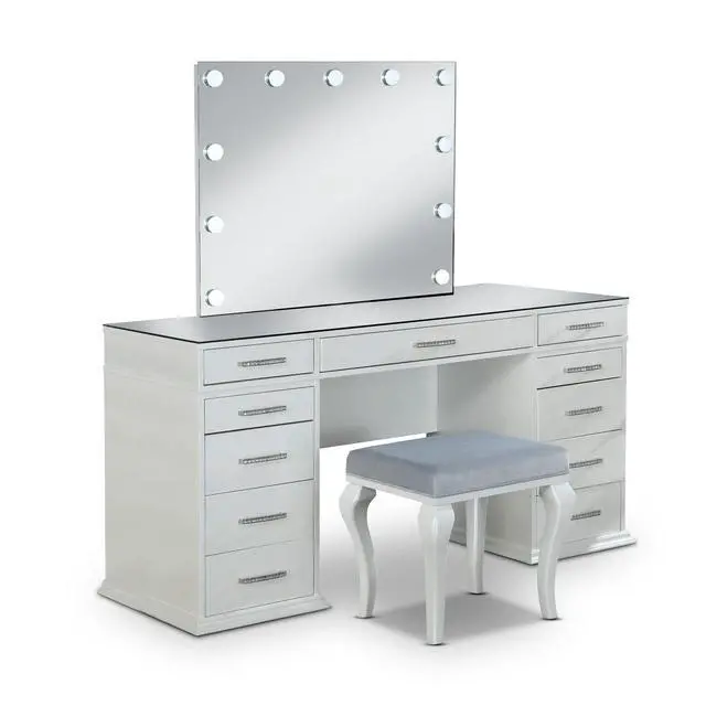 Alt view image 2 of 7 - Glam Style 1pc Vanity w/ Padded Stool Set 8mm Glass Top Storage Drawers LED On Mirror Luminous White Finish Bedroom Furniture