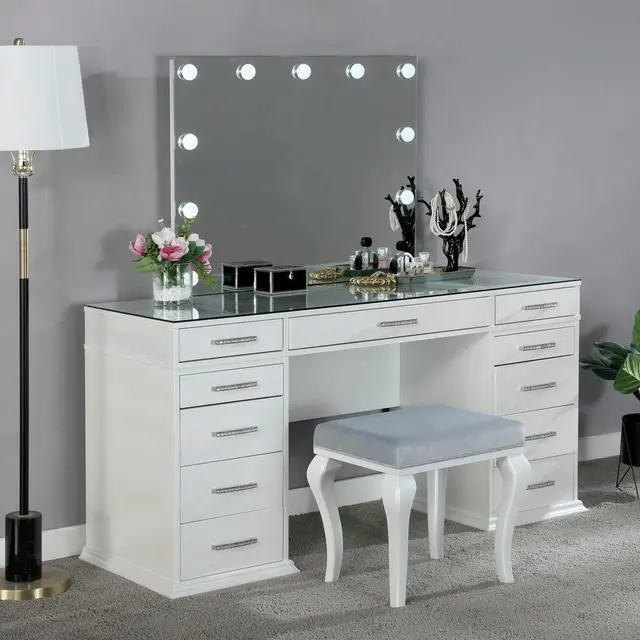 Main image of Glam Style 1pc Vanity w/ Padded Stool Set 8mm Glass Top Storage Drawers LED On Mirror Luminous White Finish Bedroom Furniture