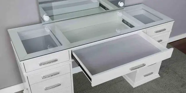 Alt view image 4 of 7 - Glam Style 1pc Vanity w/ Padded Stool Set 8mm Glass Top Storage Drawers LED On Mirror Luminous White Finish Bedroom Furniture