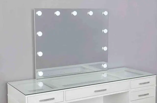 Alt view image 3 of 7 - Glam Style 1pc Vanity w/ Padded Stool Set 8mm Glass Top Storage Drawers LED On Mirror Luminous White Finish Bedroom Furniture