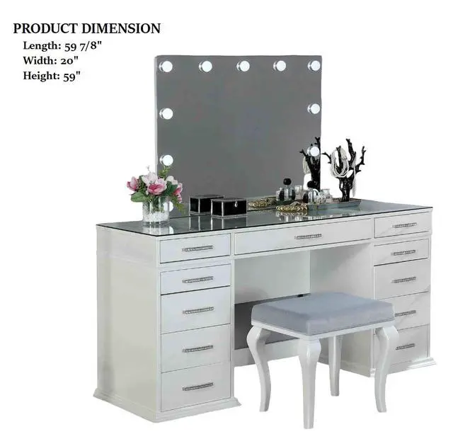 Alt view image 7 of 7 - Glam Style 1pc Vanity w/ Padded Stool Set 8mm Glass Top Storage Drawers LED On Mirror Luminous White Finish Bedroom Furniture