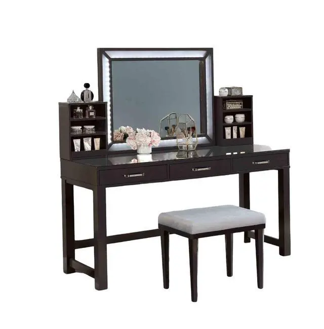 Alt view image 2 of 7 - Glam Style 1pc Vanity w/ Stool Set Tempered Glass Top Central Mirror Storage Drawers Padded Stool Obsidian Gray Finish