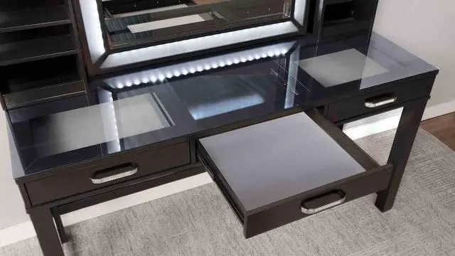 Alt view image 3 of 7 - Glam Style 1pc Vanity w/ Stool Set Tempered Glass Top Central Mirror Storage Drawers Padded Stool Obsidian Gray Finish