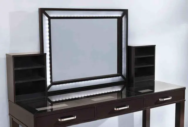 Alt view image 4 of 7 - Glam Style 1pc Vanity w/ Stool Set Tempered Glass Top Central Mirror Storage Drawers Padded Stool Obsidian Gray Finish