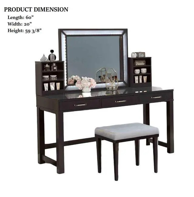 Alt view image 6 of 7 - Glam Style 1pc Vanity w/ Stool Set Tempered Glass Top Central Mirror Storage Drawers Padded Stool Obsidian Gray Finish