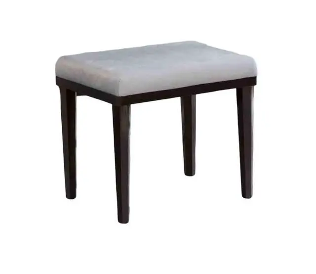 Alt view image 7 of 7 - Glam Style 1pc Vanity w/ Stool Set Tempered Glass Top Central Mirror Storage Drawers Padded Stool Obsidian Gray Finish