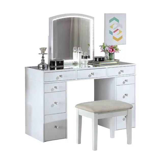 Alt view image 2 of 7 - Contemporary Style 1pc Vanity Set 3mm Mirror LED Lights Storage Drawers Wooden Glides White Finish Stool Included Bedroom Furniture