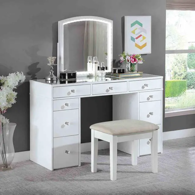 Main image of Contemporary Style 1pc Vanity Set 3mm Mirror LED Lights Storage Drawers Wooden Glides White Finish Stool Included Bedroom Furniture