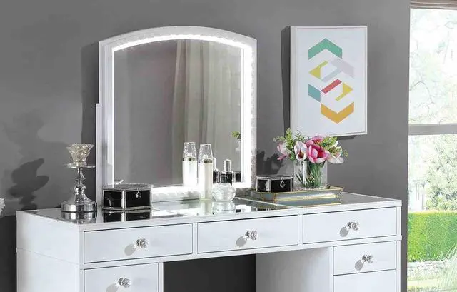 Alt view image 5 of 7 - Contemporary Style 1pc Vanity Set 3mm Mirror LED Lights Storage Drawers Wooden Glides White Finish Stool Included Bedroom Furniture
