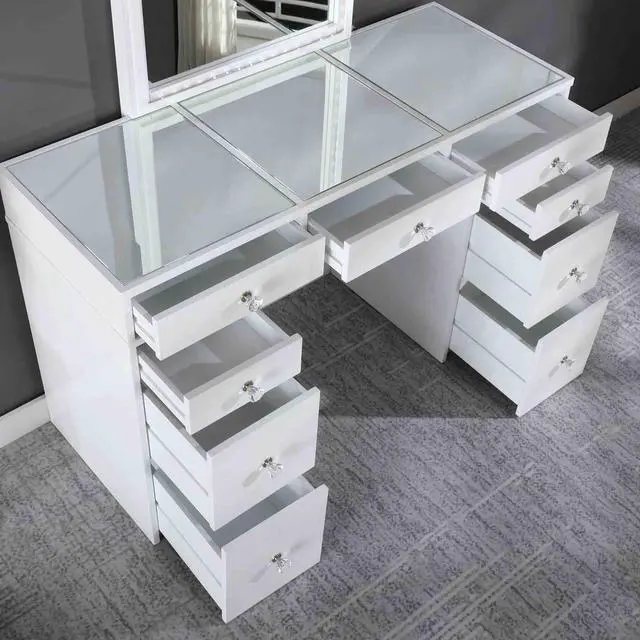 Alt view image 6 of 7 - Contemporary Style 1pc Vanity Set 3mm Mirror LED Lights Storage Drawers Wooden Glides White Finish Stool Included Bedroom Furniture