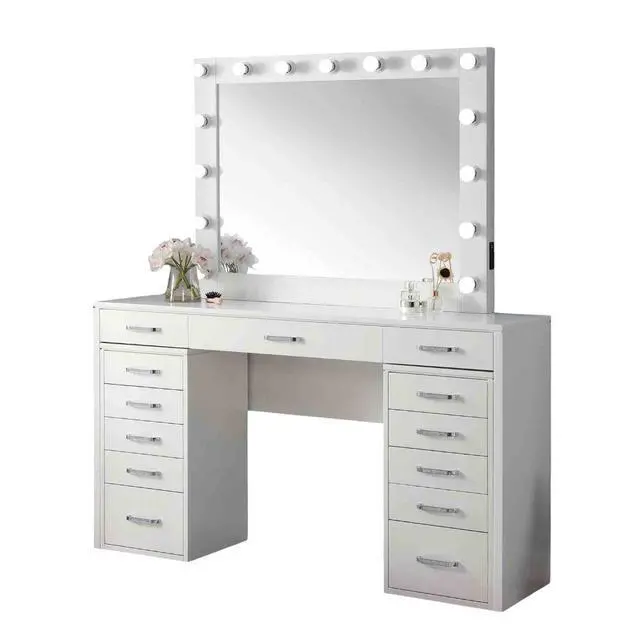 Alt view image 2 of 7 - Glam Style 1pc Vanity Set Multiple Drawer Cabinets 15pcs Bulbs USB Charger White Finish Bedroom Furniture Stool Not Included