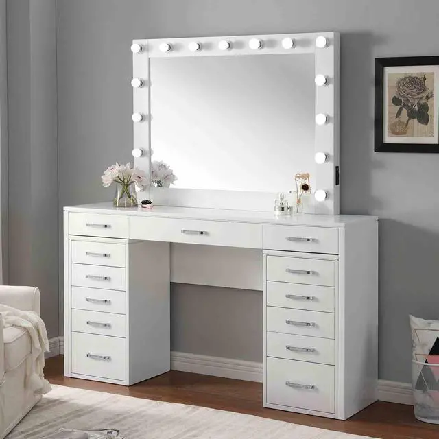 Alt view image 7 of 7 - Glam Style 1pc Vanity Set Multiple Drawer Cabinets 15pcs Bulbs USB Charger White Finish Bedroom Furniture Stool Not Included