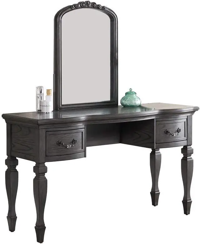 Alt view image 2 of 7 - Bedroom Classic Vanity Set Wooden Carved Mirror Stool Drawers Antique Grey Finish