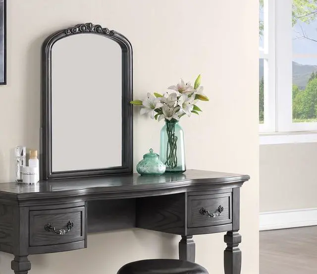 Alt view image 3 of 7 - Bedroom Classic Vanity Set Wooden Carved Mirror Stool Drawers Antique Grey Finish