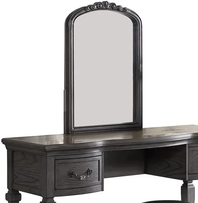 Alt view image 6 of 7 - Bedroom Classic Vanity Set Wooden Carved Mirror Stool Drawers Antique Grey Finish