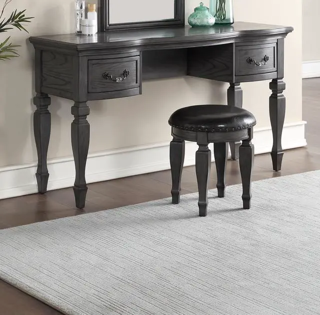Alt view image 5 of 7 - Bedroom Classic Vanity Set Wooden Carved Mirror Stool Drawers Antique Grey Finish
