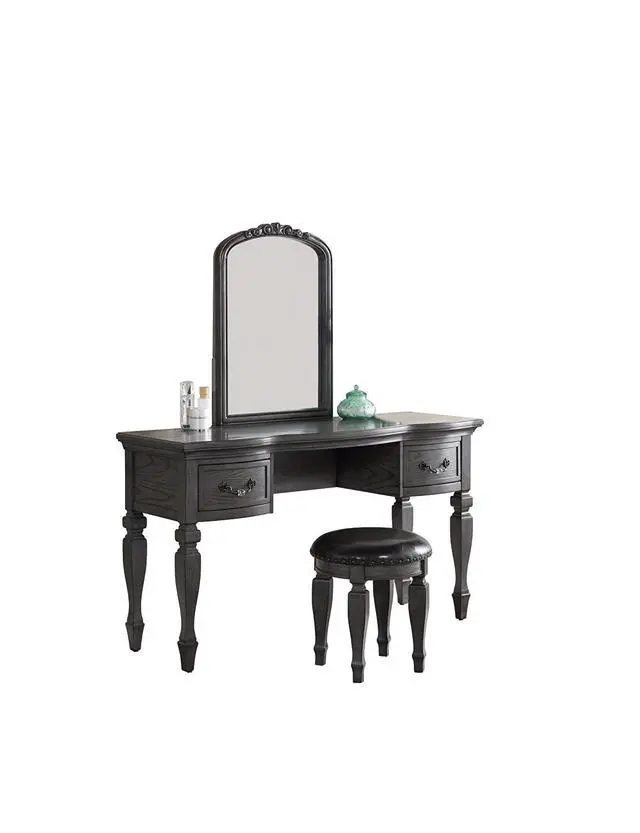 Alt view image 7 of 7 - Bedroom Classic Vanity Set Wooden Carved Mirror Stool Drawers Antique Grey Finish