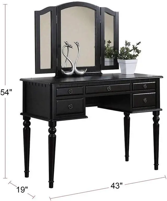 Alt view image 6 of 7 - Bedroom Contemporary Vanity Set w Foldable Mirror Stool Drawers Black Color