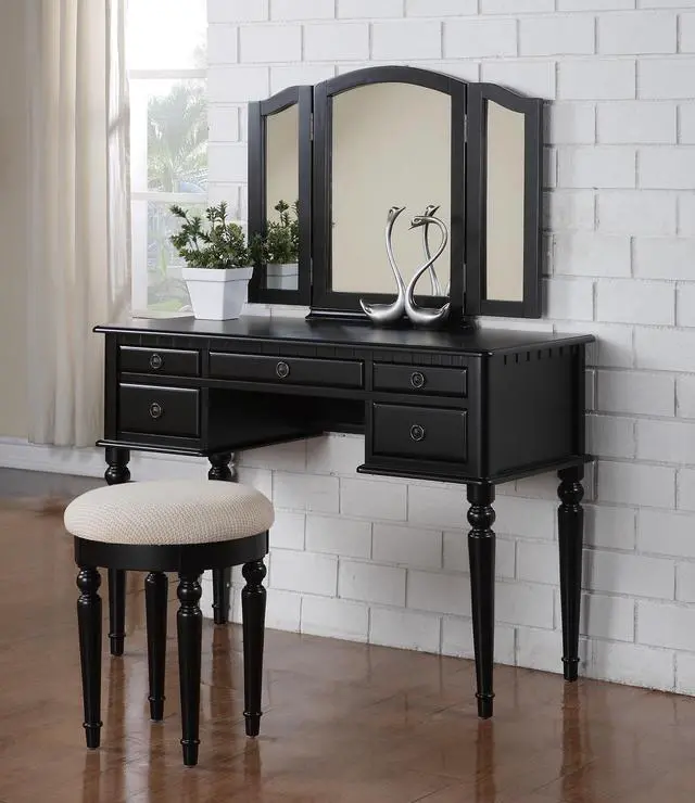 Main image of Bedroom Contemporary Vanity Set w Foldable Mirror Stool Drawers Black Color