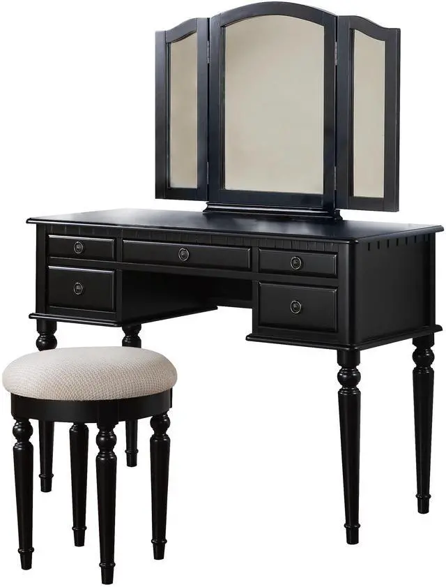 Alt view image 5 of 7 - Bedroom Contemporary Vanity Set w Foldable Mirror Stool Drawers Black Color