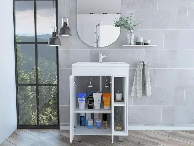 Alt view image 4 of 7 - 24" Meka Vanity, Two External Shelves, Double Door Cabinet -White